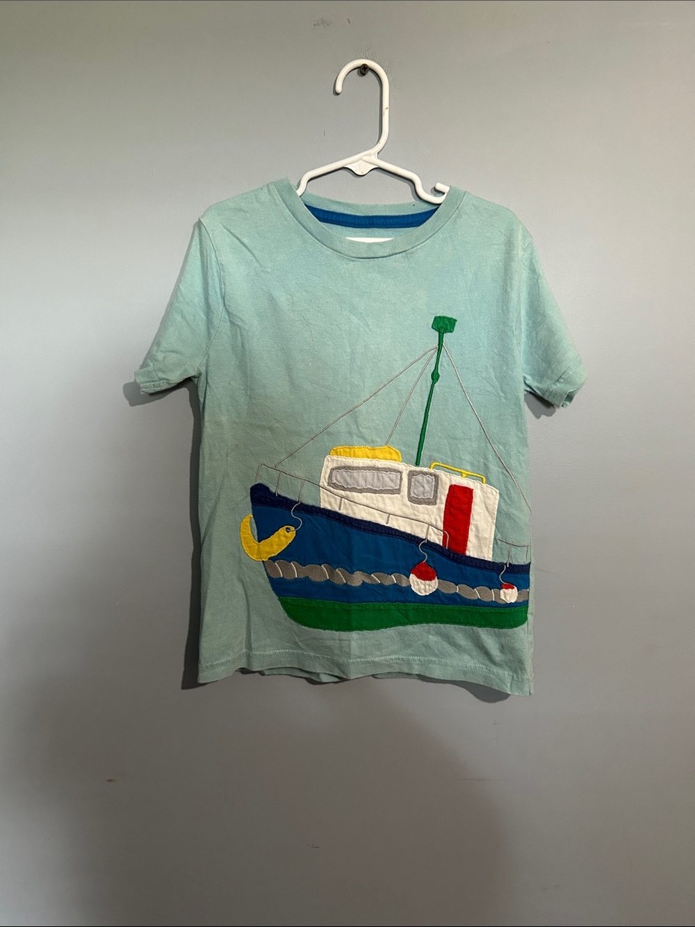 Baby Boden Seafoam Green Boat Appliqué Tee with Nautical Accents